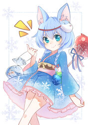  animal_ears bag bagged_fish blue_hair braid candy_apple commentary_request female firuo_(king_fish) fish food frilled_kimono frills japanese_clothes kimono koyomi_(shironeko_project) mask obi sash shironeko_project smile twin_braids wolf_ears 