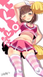  blue_eyes blush breasts brown_hair cheerleader cleavage commentary_request female hairband hanabi_(ocha) hand_on_own_hip heart heart-shaped_pupils idolmaster idolmaster_cinderella_girls large_breasts looking_at_viewer midriff miniskirt navel one_eye_closed plump pom_pom_(cheerleading) ribbon sakuma_mayu short_hair signature skirt smile solo striped_clothes striped_thighhighs sweat symbol-shaped_pupils thighhighs 