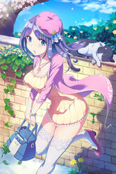  animal bad_id bad_pixiv_id bag blue_eyes blush breasts cherry_blossoms cleavage collarbone feline female handbag hat high_heels highres large_breasts long_hair looking_at_viewer loup original outdoors parted_lips plant potted_plant purple_hair purple_hat solo sweater thighhighs tree watch white_thighhighs wristwatch 