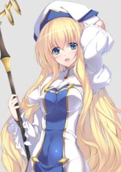  :d adjusting_clothes adjusting_headwear blonde_hair blue_eyes breasts commentary_request covered_navel female goblin_slayer! hat highres long_hair medium_breasts minamon_(vittel221) open_mouth priestess_(goblin_slayer!) simple_background smile solo staff very_long_hair 