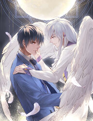  2boys angel_wings black_hair blue_eyes cardcaptor_sakura commentary_request j.w kinomoto_touya long_hair male_focus moon multiple_boys photoshop_(medium) school_uniform tomoeda_high_school_uniform white_hair wings yue_(cardcaptor_sakura) 