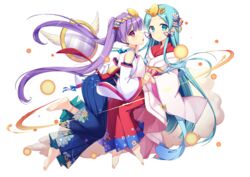  2girls amaterasu_(p&amp;d) amemiya_ruki aqua_hair bare_shoulders barefoot commentary_request detached_sleeves full_body green_eyes hair_ornament headpiece holding_hands interlocked_fingers japanese_clothes jewelry kimono long_hair long_sleeves looking_at_viewer mirror multiple_girls necklace open_mouth purple_eyes purple_hair puzzle_&amp;_dragons saishi smile transparent_background twintails very_long_hair wide_sleeves yomi_(p&amp;d) 