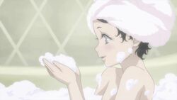  animated animated bare_shoulders bathtub bayonetta bayonetta:_bloody_fate black_hair blowing bubbles cereza female female grey_eyes lolicon short_hair smile solo towel water wet 