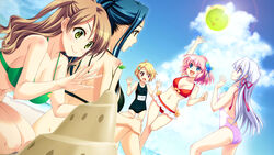  5girls arm_up asai_sae ball bare_shoulders beach beachball bikini blonde_hair blue_eyes blue_hair blush bomi breasts brown_hair cleavage cloud cloudy_sky day game_cg grey_hair hair_ornament hair_ribbon highres ishida_mitsuna kyougoku_yomi large_breasts long_hair medium_breasts multiple_girls navel ocean omae_no_pantsu_wa_nani_iro_da!? ootani_shizuku open_mouth outdoors pink_hair purple_eyes red_eyes ribbon sand_sculpture school_swimsuit shima_sako short_hair sky smile strap_gap swimsuit thigh_gap yellow_eyes 