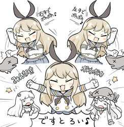  3girls ^^^ abyssal_ship airfield_princess ascot bad_id bad_pixiv_id blonde_hair blush blush_stickers closed_eyes eighth_note gloves hair_ornament i-class_destroyer kantai_collection kuchiku_i-kyuu long_hair multiple_girls musical_note open_mouth ro-class_destroyer shimakaze_(kancolle) spoken_musical_note translated white_background white_gloves wo-class_aircraft_carrier x_x yuasan 