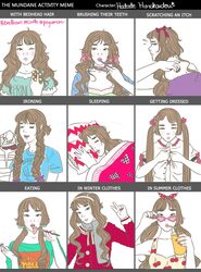  alternate_costume alternate_hairstyle bendy_straw brown_hair brushing_teeth cellphone chopsticks clothes_iron dressing drinking drinking_straw english_text female glasses hashtag heart heart-shaped_eyewear highres himekaidou_hatate holding_clothes_iron meme pale_skin phone selfie sleeping spacemako touhou v 