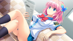  black_socks blue_eyes bomi crossed_legs female game_cg hair_ornament highres ishida_mitsuna newspaper omae_no_pantsu_wa_nani_iro_da!? pink_hair reading school_uniform short_hair short_sleeves sitting socks solo 