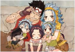  2boys 3girls :d black_hairband blue_hair blush boots brown_eyes brown_footwear brown_gloves brown_pants brown_shorts closed_eyes collarbone commentary_request ear_piercing fairy_tail fingerless_gloves gajeel_redfox gloves green_hairband grey_pants grey_shirt grin hair_ribbon hairband hand_on_another&#039;s_hip headband levy_mcgarden long_hair looking_at_viewer multiple_boys multiple_girls open_mouth pantherlily pants piercing red_shirt ribbon rusky shirt short_shorts short_sleeves shorts sitting sleeveless sleeveless_shirt smile white_shirt yellow_ribbon yellow_shirt 