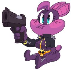  2018 alpha_channel anthro bat big_breasts biped blue_eyes boots breasts chibi clothing eyelashes female footwear gun mammal ranged_weapon reaction_image simple_background sitting solo sophie_slam transparent_background vimhomeless weapon 