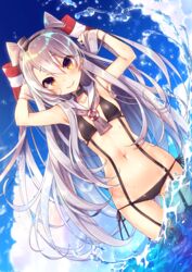  adapted_costume amatsukaze_(kancolle) armpits arms_up ass_visible_through_thighs bikini blue_sky blush breasts choker cloud collarbone commentary_request cowboy_shot day dutch_angle female garter_straps grey_hair hair_between_eyes hairband hat highres kantai_collection long_hair looking_at_viewer mini_hat navel orange_eyes outdoors sailor_collar side-tie_bikini_bottom sky small_breasts smile solo sparkle splashing swimsuit tahya thighhighs two_side_up very_long_hair wading water_drop wet 