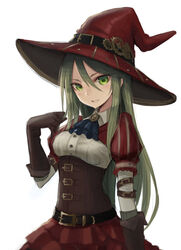  arm_belt armband ascot belt breasts brown_gloves buckle collared_shirt commentary corset elbow_gloves eyebrows female gears gloves green_eyes green_hair hair_between_eyes hat kai_(ootamuno12) long_hair looking_at_viewer original parted_lips photoshop_(medium) puffy_short_sleeves puffy_sleeves red_hat red_skirt ruffling_hair shirt short_sleeves simple_background skirt small_breasts solo underbust upper_body very_long_hair white_background witch_hat 