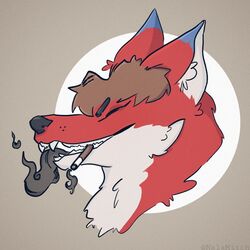  1:1 blue_ears canid canine cigarette closed_eyes fox hi_res holly_(ortiz) human_hair male mammal red_body smile smoke smoke_from_mouth smoking smoking_cigarette solo 