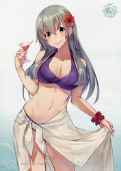  absurdres bikini breasts cleavage cocktail cocktail_glass collarbone cowboy_shot cup drinking_glass female flower gimp_(medium) green_eyes green_hair hair_between_eyes hair_flower hair_ornament highres kantai_collection konishi_(koconatu) large_breasts long_hair looking_at_viewer navel official_art purple_bikini red_flower sarong scan smile solo suzuya_(kancolle) suzuya_kai_ni_(kancolle) swimsuit white_sarong 