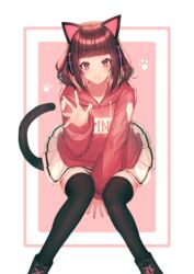  absurdres animal_ear_headphones animal_ears between_legs black_footwear black_thighhighs blunt_bangs blush brown_hair cat_ear_headphones cat_ears cat_girl cat_tail closed_mouth clothes_writing fake_animal_ears feet_out_of_frame female hand_between_legs headphones heart heart_print highres hood hood_down hoodie invisible_chair kmnz leaning_forward long_sleeves looking_at_viewer mazel_(mazel_star) mc_liz miniskirt nail_polish paw_print paw_print_background pink_hoodie pink_nails pleated_skirt red_eyes short_hair sitting skirt smile solo spread_fingers tail thighhighs two-tone_background virtual_youtuber waving white_skirt 