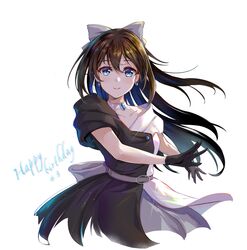  birthday black_gloves blue_eyes brown_hair collarbone commentary dated earrings english_text female gloves hair_ribbon half_updo happy_birthday highres jewelry long_hair looking_at_viewer love_live! love_live!_nijigasaki_high_school_idol_club osaka_shizuku ribbon setsu_(qjsj1993aa) smile solitude_rain_(love_live!) solo upper_body 