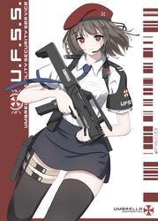  absurdres bad_id bad_pixiv_id beret black_thighhighs blue_necktie brown_hair commentary english_text epaulettes female grey_skirt gun hand_on_weapon handgun hat highres looking_at_viewer magpul_fmg-9 military necktie original patch radio red_eyes resident_evil rynn_(rynn_cube) security_guard shirt short_hair short_sleeves simple_background skirt smile solo submachine_gun thigh_strap thighhighs trigger_discipline umbrella_corporation_(logo) uniform weapon white_shirt 