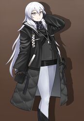  black_coat black_footwear black_jacket black_scarf brown_background closed_mouth coat feet_out_of_frame female girls&#039;_frontline grey_eyes hand_in_own_hair highres jacket jewelry long_hair long_sleeves looking_at_viewer mechanical_arms medallion missileer necklace open_clothes open_coat pants paradeus scarf smile solo standing tareus_(girls&#039;_frontline) very_long_hair white_hair white_pants 