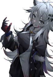  absurdres alternate_costume animal_ears arknights artist_name bad_id bad_pixiv_id black_coat black_dress black_gloves blood blood_on_face blood_on_hands breasts coat commentary_request cowboy_shot dress female gloves grey_eyes grin hair_between_eyes hair_ornament hairclip hand_up highres lappland_(arknights) lappland_(refined_horrormare)_(arknights) large_breasts long_hair long_sleeves looking_at_viewer official_alternate_costume open_clothes open_coat scar scar_across_eye scar_on_face shao_(shaorouhong) sharp_teeth shirt simple_background smile solo teeth very_long_hair white_background white_hair white_shirt wolf_ears 