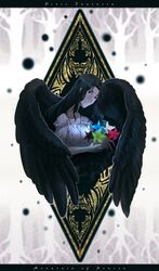  bare_tree black_eyes black_hair black_wings blurry blurry_background copyright_name feathered_wings female flower highres holding holding_flower insignia letterboxed long_hair pixiv_fantasia pixiv_fantasia_mountain_of_heaven solo tree tsubo_ichiro upper_body wings 