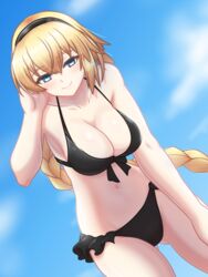  ass_visible_through_thighs bare_shoulders bikini black_bikini black_hairband blonde_hair blue_eyes blue_sky breasts cloud collarbone commentary cowboy_shot day fate/grand_order fate_(series) female front-tie_bikini_top front-tie_top hair_between_eyes hairband hand_up jeanne_d&#039;arc_(fate) jeanne_d&#039;arc_(swimsuit_archer)_(fate) jeanne_d&#039;arc_(swimsuit_archer)_(first_ascension)_(fate) large_breasts long_braid long_hair looking_at_viewer navel outdoors sky smile solo soumu_niumu standing stomach swimsuit thighs very_long_hair 