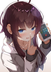  absurdres ahoge bad_id bad_pixiv_id blue_eyes blush brown_hair canizzz cellphone collarbone counter:side female finger_to_mouth highres hood hoodie korean_commentary korean_text long_sleeves looking_at_viewer phone shushing smartphone solo sweat talking_on_phone white_background yang_harim 