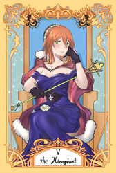  absurdres black_gloves blue_dress blush breasts chair cleavage cloak collarbone commentary_request dress english_text female flower fur-trimmed_cloak fur_trim girls&#039;_frontline gloves green_eyes hair_flower hair_ornament highres long_dress long_hair looking_at_viewer medium_breasts official_alternate_costume open_mouth orange_hair red_cloak roman_numeral scepter simple_background sitting sitting_on_object solo springfield_(girls&#039;_frontline) springfield_(queen_in_radiance)_(girls&#039;_frontline) stigmamyu tarot tarot_(medium) the_hierophant_(tarot) throne 