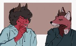  5:3 canid canine cigarette closed_eyes clothing dragon duo fox holly_(ortiz) horn human_hair jacket male male/male mammal mythological_creature mythological_scalie mythology red_body red_fox scalie smile topwear true_fox 