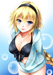  :d absurdres arms_behind_back bikini black_bikini black_hairband blonde_hair blue_background blue_eyes blue_jacket breasts cleavage collarbone commentary_request cowboy_shot fate/grand_order fate_(series) female front-tie_bikini_top front-tie_top gradient_background hair_between_eyes hairband highres jacket jeanne_d&#039;arc_(fate) jeanne_d&#039;arc_(swimsuit_archer)_(fate) jeanne_d&#039;arc_(swimsuit_archer)_(first_ascension)_(fate) leaning_forward lens_flare long_hair long_sleeves looking_at_viewer official_alternate_costume open_mouth smile solo standing sumeragi_tomo swimsuit very_long_hair 