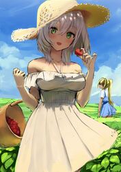  2girls alternate_costume athenawyrm bare_shoulders basket blonde_hair dress food fruit green_eyes grey_hair hat highres holding holding_food holding_fruit hololive multiple_girls outdoors pointy_ears ponytail red_eyes shiranui_flare shirogane_noel short_hair solo_focus strawberry sun_hat sundress tied_hair virtual_youtuber 