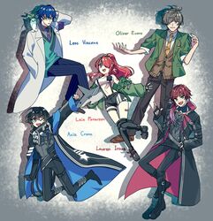  4boys animal_on_shoulder aqua_vest axia_krone axia_krone_(1st_costume) bad_id bad_twitter_id black_cloak black_footwear black_gloves black_jacket blazer blue_hair blue_neckwear boots brown_hair character_name cloak coat collared_shirt eden-gumi female fingerless_gloves gloves green_jacket grey_shirt hair_over_one_eye hands_in_pockets highres jacket lab_coat lain_paterson lain_paterson_(1st_costume) lauren_iroas lauren_iroas_(1st_costume) leos_vincent leos_vincent_(1st_costume) mameneko_(leos_vincent) mole mole_under_eye multiple_boys necktie nijisanji oliver_evans oliver_evans_(1st_costume) one_eye_closed pointing pointing_up red_hair shirt shorts smile striped_necktie suspender_shorts suspenders usual_(usual_1200) v v-shaped_eyebrows virtual_youtuber white_coat white_shirt yellow_necktie 