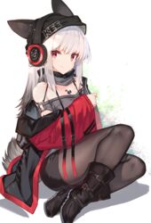  absurdres animal_ears arknights bare_shoulders black_footwear black_headwear black_pantyhose black_shorts boots closed_mouth commentary_request female fox_ears fox_tail frostleaf_(arknights) headphones highres implied_extra_ears jacket long_hair looking_at_viewer material_growth oripathy_lesion_(arknights) pantyhose pantyhose_under_shorts red_eyes red_jacket shorts simple_background sitting smile solo symbol-shaped_pupils tail white_background white_hair yki 