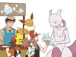  2boys :d ^_^ ayumi_(pokemon) baseball_cap black_hair brown_hair casteliacone closed_eyes commentary creature eevee english_commentary facing_another female food gen_1_pokemon happy hat holding holding_food kakeru_(pokemon) legendary_pokemon long_hair looking_at_another mewtwo multiple_boys on_head open_mouth pokemon pokemon_(creature) pokemon_(game) pokemon_lgpe pokemon_on_head ponytail serious simple_background smile spiked_hair white_background 