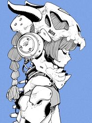  acky_bright blue_background braid closed_eyes fangs female freckles french_braid headgear highres horns mecha_musume monochrome numbered original profile simple_background skull spine teeth wiring 