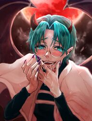  1boy ami_kiriwo blue_eyes blue_hair blush capelet drooling earclip fangs full_moon glasses hands_up highres horns huge_moon long_sleeves mairimashita!_iruma-kun male_focus mole mole_under_eye moon open_mouth pointy_ears purple_nails red_horns red_moon saliva solo syun_(ginmone) wet white_capelet wings 