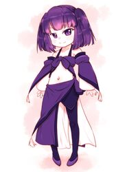  black_pantyhose closed_mouth commentary_request detached_sleeves female full_body highres looking_at_viewer navel original pantyhose purple_eyes purple_hair short_hair smile solo standing teruki_kuma twintails 