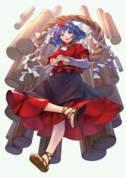  :d black_skirt blue_eyes blue_hair eyebrows_hidden_by_hair feet female full_body grey_background hair_ornament highres interlocked_fingers leaf leaf_hair_ornament long_skirt long_sleeves looking_at_viewer maple_leaf masakichi_(mmw) official_art onbashira open_mouth own_hands_together pillar puffy_short_sleeves puffy_sleeves red_shirt rope sandals shide shimenawa shirt short_hair short_sleeves simple_background skirt smile solo strange_creators_of_outer_world teeth third-party_source toenails toes touhou upper_teeth_only white_sleeves yasaka_kanako zouri 