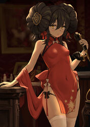  absurdres bare_arms bare_shoulders black_hair black_panties breasts china_dress chinese_clothes chinese_commentary closed_mouth commentary_request covered_navel cowboy_shot double_bun dress female girls&#039;_frontline hair_between_eyes hair_bun hair_ribbon highres holding long_hair looking_at_viewer medium_breasts official_alternate_costume panties partial_commentary pelvic_curtain phone qianqiu_wanxia red_dress ribbon shawl side-tie_panties sleeveless sleeveless_dress solo standing thighhighs thighs type_97_(girls&#039;_frontline) type_97_(peony)_(girls&#039;_frontline) underwear white_thighhighs yellow_eyes 