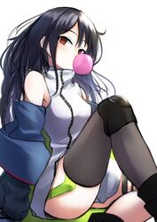  black_hair black_thighhighs blue_jacket breasts c-ms_(girls&#039;_frontline) chewing_gum clothes_pull female girls&#039;_frontline hand_on_floor highres jacket jacket_pull lodbyy long_hair looking_at_viewer open_clothes open_jacket red_eyes shirt sitting solo thighhighs white_background white_shirt 