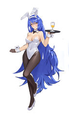  absurdres animal_ears black_bow black_bowtie blue_hair bow bowtie breasts brown_pantyhose commission covered_navel cup detached_collar drink drinking_glass eyebrows_hidden_by_hair fake_animal_ears female full_body girls&#039;_frontline hair_between_eyes hexagram high_heels highres holding holding_tray jonbur_man large_breasts leotard long_hair looking_at_viewer official_alternate_costume pantyhose pixiv_commission playboy_bunny rabbit_ears shoes side-tie_leotard simple_background smile solo standing standing_on_one_leg star_of_david strapless strapless_leotard tar-21_(girls&#039;_frontline) tar-21_(night_at_the_bar)_(girls&#039;_frontline) tray very_long_hair white_background white_footwear white_leotard wrist_cuffs yellow_eyes 