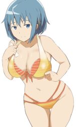  absurdres bad_id bad_pixiv_id bare_shoulders bikini blue_eyes blue_hair breasts cafekun cleavage collarbone female hair_ornament hairclip highres large_breasts looking_at_viewer magia_record:_mahou_shoujo_madoka_magica_gaiden mahou_shoujo_madoka_magica miki_sayaka miki_sayaka_(swimsuit_costume) short_hair smile solo swimsuit thighs yellow_bikini 