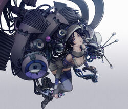  bare_shoulders black_hair boots breasts cleavage collar commentary duct_tape female fingerless_gloves from_side full_body gloves gradient_background grey_background grey_eyes grey_footwear grey_gloves grey_shorts grey_thighhighs hair_between_eyes highres holding lips long_sleeves looking_at_viewer machine machinery mechanism nc_empire_(circle) off_shoulder original parted_lips short_hair shorts simple_background solo thigh_strap thighhighs white_background zettai_ryouiki 