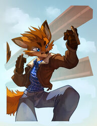  2023 action_pose anthro biped black_markings black_nose blue_clothing blue_eyes blue_shirt blue_topwear bottomwear canid canine cheek_tuft clothed clothing countershade_face countershade_torso countershading david_lillie dipstick_ears ear_markings eyebrows facial_tuft fox front_view gloves_(marking) grey_bottomwear grey_clothing grey_pants head_tuft hi_res inner_ear_fluff jacket knuckleduster male mammal markings melee_weapon multicolored_body multicolored_ears orange_body pants pose shirt solo topwear tuft two_tone_body weapon white_body 