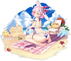  ahoge anchor_hat_ornament ass azur_lane ball bare_shoulders barefoot beach beach_mat beachball bikini bird blue_bikini braid braided_bangs breasts chick cloud cup day drinking_glass drinking_straw female flower food frilled_bikini frills from_behind hair_flower hair_ornament hat hat_ornament hecha_(01964237) holding large_breasts looking_at_viewer looking_back manjuu_(azur_lane) multi-strapped_bikini multicolored_hair official_alternate_costume official_art outdoors pink_hair popsicle sand_castle sand_sculpture seiza short_hair sitting solo starfish streaked_hair sun_hat sunglasses swimsuit tartu_(azur_lane) tartu_(overthinking_summer)_(azur_lane) transparent_background tropical_drink water white_hat yellow_eyes 