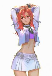  alzi_xiaomi arms_up dark_skin female fire_emblem fire_emblem:_three_houses garreg_mach_monastery_uniform hapi_(fire_emblem) highres long_sleeves midriff navel parted_lips red_eyes red_hair simple_background solo uniform white_background 