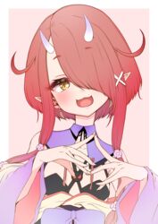  :3 :d bare_shoulders detached_sleeves female fingernails hair_ornament hair_over_one_eye highres hoozuki_warabe horns japanese_clothes kajimakoto light_blush long_sleeves looking_at_viewer noripro oni oni_horns open_mouth pointy_ears red_hair short_hair_with_long_locks smile solo steepled_fingers unworn_earring upper_body virtual_youtuber wide_sleeves x_hair_ornament yellow_eyes 