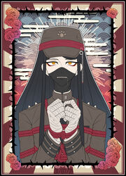  1boy bandaged_hand bandages black_hair bondage bound bound_wrists chains cloud danganronpa_(series) danganronpa_v3:_killing_harmony flower hat highres long_hair long_sleeves looking_at_viewer mask red_rope rope rose shinguuji_korekiyo solo thorns yellow_eyes zipper 