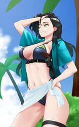  bikini black_bikini black_hair blue_shirt blue_sky breasts cleavage collarbone colt_python feet_out_of_frame female forehead girls&#039;_frontline gradient_hair green_eyes gun hair_ornament hairclip hand_on_own_forehead hand_on_own_hip highres holster holstered long_hair looking_away medium_breasts missileer mole mole_under_eye multicolored_hair nail_polish navel open_clothes open_mouth open_shirt outdoors parted_lips python_(girls&#039;_frontline) revolver shirt short_sleeves simple_background sky smile solo standing stomach swept_bangs swimsuit teeth thighs weapon yellow_lips yellow_nails 