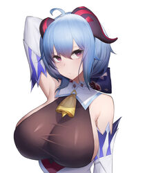  absurdres ahoge alternate_breast_size bare_shoulders bell blue_hair blush bodystocking breasts cowbell detached_collar detached_sleeves female ganyu_(genshin_impact) genshin_impact highres horns large_breasts long_hair long_sleeves looking_at_viewer low_ponytail neck_bell purple_eyes ribbon sidelocks solo taut_bodystocking taut_clothes upper_body white_sleeves youyouyoupai 