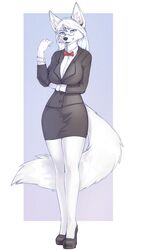  2022 4:7 anthro big_breasts bottomwear breasts canid canine clothed clothing digital_media_(artwork) eyewear female footwear fox front_view fully_clothed fur glasses hair high_heels inner_ear_fluff mammal shoes skirt solo standing tail_over_skirt tuft white_body white_fur white_hair yshanii 