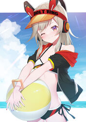  ;) ariel23795 ball bare_shoulders beachball bikini black_bikini black_jacket blush closed_mouth collarbone commentary day facial_mark female grey_hair hat headgear highres hood hood_down hooded_jacket horizon jacket komori_met komori_met_(2nd_costume) long_hair looking_at_viewer nanashi_inc. ocean off_shoulder one_eye_closed open_clothes open_jacket orange_hat purple_eyes short_sleeves smile solo swimsuit v_ap_art virtual_youtuber visor_cap water 